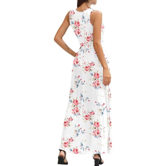 Women Flower White Deep V Neck Sleeveless Loose Plain Long Maxi Stretchy Dress - Picture 5 of 5